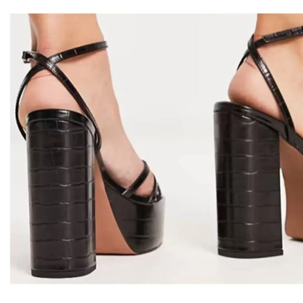 ASOS Women's Strappy Platform‎ Heeled Sandals Square Toe Wedding Party Black